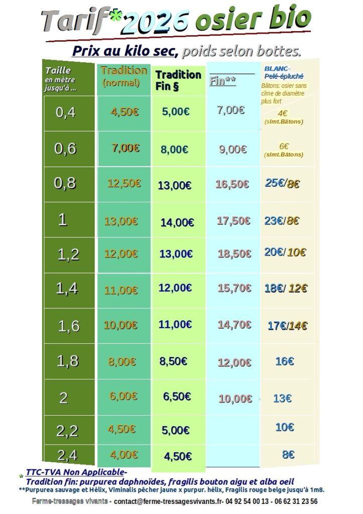Tarif osier biologique 2026 ferme tressages vivants 05300 Eourres