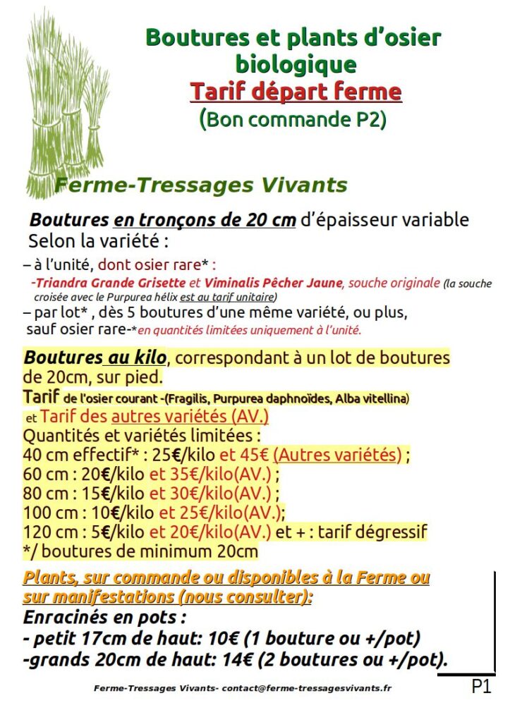 Tarif Boutures-Plants osier biologique et Variétés 03_26 Ferme des Tressages vivants à Eourres 05300